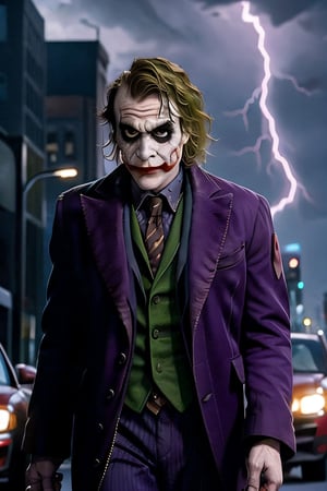 Joker and Harley Quinn, facial portrait, sexy stare, smirked, walking through the streets, gotham city, crowds, cars, cloudy sky, lightning, bats, ,CARTOON_harley_quinn_rebirth_ownwaifu