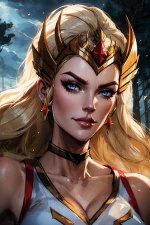 She-ra, facial portrait, sexy stare, smirked, forest behind, cloudy sky, lightning, 