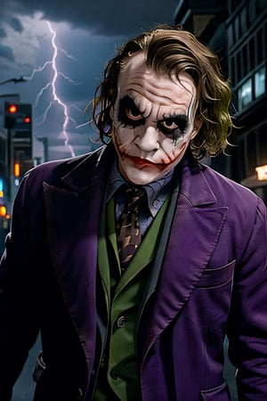 Joker, facial portrait, sexy stare, smirked, walking through the streets, gotham city, crowds, cars, cloudy sky, lightning, bats, 