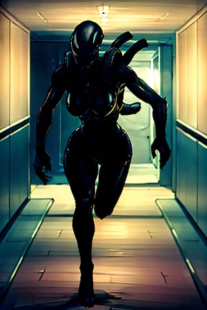 Xenomorph, facial portrait, menacing look, running through the hallway of spaceship,  llaser shooting at it