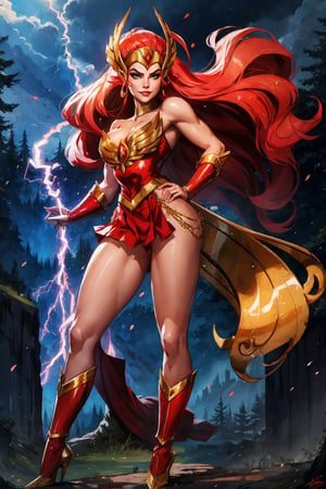 She-ra, facial portrait, sexy stare, smirked, full body, sexy pose, forest behind, cloudy sky, lightning, 