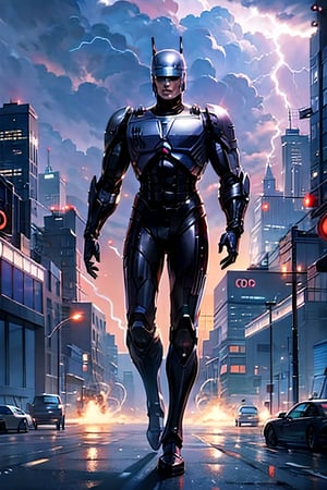 Robocop, full body, futuristic city, cloudy sky, lightning, crowds, cars, 