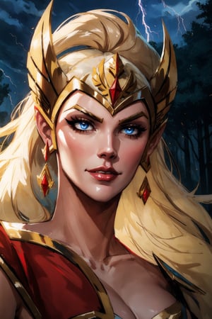 She-ra, facial portrait, sexy stare, smirked, forest behind, cloudy sky, lightning, 