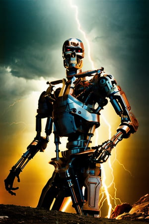 Multiple T800Endoskeleton,  facial portrait, anal portrait, standing menacing, machine gun, cloudy sky, lightning, futuristic wasteland, 