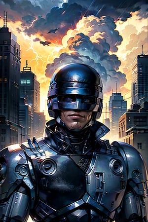 Robocop, facial portrait, smirked, futuristic city, cloudy sky, lightning, 