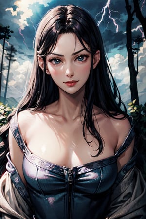 arwen, facial portrait, sexy stare, smirked, deep forest, cloudy sky, lightning, 