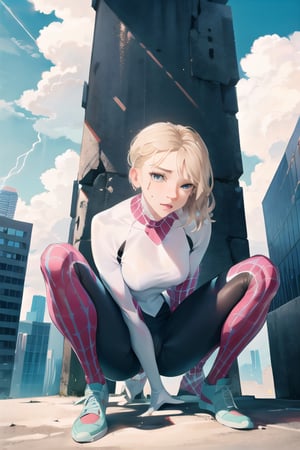 gwenstacy, facial portrait, sexy stare, anal portrait, Spreading  legs, man's big cock fucking inside her asshole, on top of building, cloudy sky, lightning, looking at the city below, 