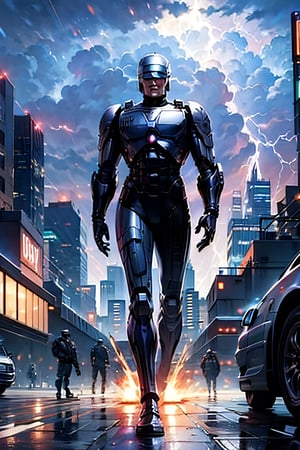 Robocop, full body, futuristic city, cloudy sky, lightning, crowds, cars, 