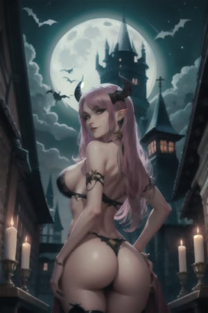 Lady_Demon, facial portrait, sexy stare, smirked, inside castle, candlelights, cloudy sky, moon, bats, butt shot, bending, grabbing own ass