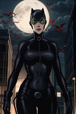 CARTOON_catwoman_masked_ownwaifu, facial portrait, sexy stare, smirked, on top of building, cloudy sky, full moon, streets below, bats flying, 