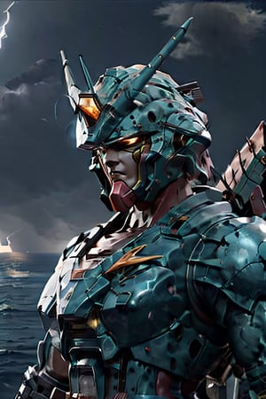 BJ_Gundam, facial portrait, full body, fighting,  fire sword, ocean, big battleships, cloudy sky, lightning, ,sea monster