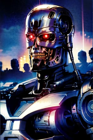 Robocop vs. Terminator, facial portrait, smirked, futuristic city, cloudy sky, lightning, crowds, cars, ,T800Endoskeleton