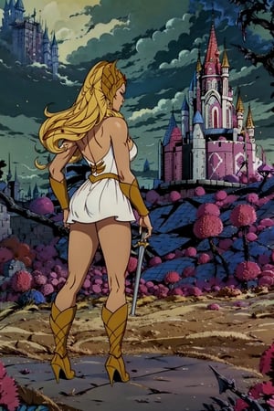She-ra, facial portrait, sexy stare, smirked, full body, sexy pose, forest behind, cloudy sky, lightning, medieval castle on top of hill on the distance, from behind 