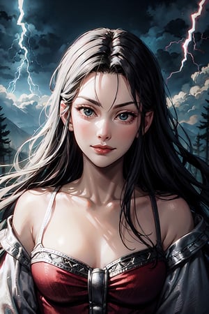 arwen, facial portrait, sexy stare, smirked, deep forest, cloudy sky, lightning, 