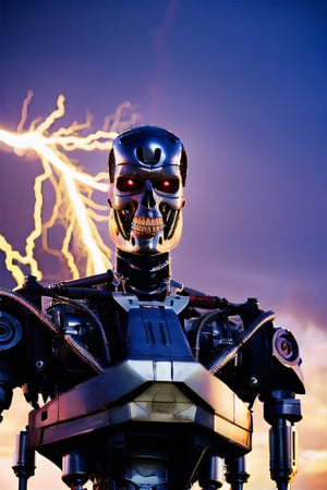 Multiple T800Endoskeleton,  facial portrait, anal portrait, standing menacing, machine gun, cloudy sky, lightning, futuristic wasteland, 