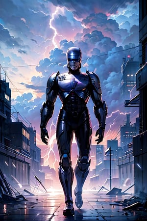 Robocop, facial portrait, smirked, walking through the futuristic city,  cloudy sky, lightning, 