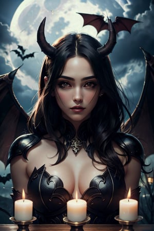 Lady_Demon, facial portrait, sexy stare, smirked, inside castle, candlelights, cloudy sky, moon, bats