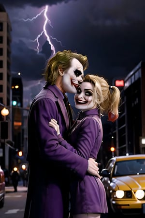 Joker and Harley Quinn, face portrait, sexy stare, hugging each other, the streets, gotham city, crowds, cars, cloudy sky, lightning, bats, ,CARTOON_harley_quinn_rebirth_ownwaifu, smiling 