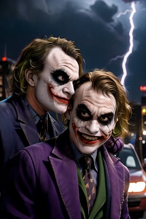 Joker and Harley Quinn, face portrait, sexy stare, hugging each other, the streets, gotham city, crowds, cars, cloudy sky, lightning, bats, ,CARTOON_harley_quinn_rebirth_ownwaifu, smiling 