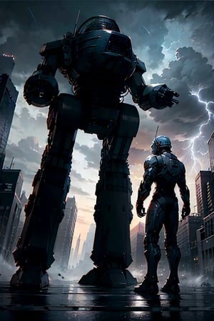 Ed-209, Standing menacing,  futuristic city, cloudy sky, lightning, crowds, cars, 