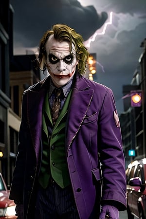 Joker and Harley Quinn, facial portrait, sexy stare, smirked, walking through the streets, gotham city, crowds, cars, cloudy sky, lightning, bats, ,CARTOON_harley_quinn_rebirth_ownwaifu