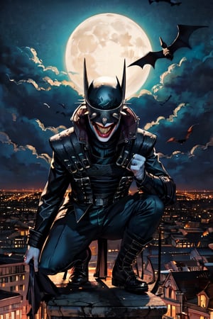 batmanwholaughs, facial portrait, on top of building, cloudy sky, city below, full moon, bats flying, crouched 
