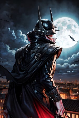 batmanwholaughs, facial portrait, on top of building, cloudy sky, city below, full moon, bats flying, from behind 
