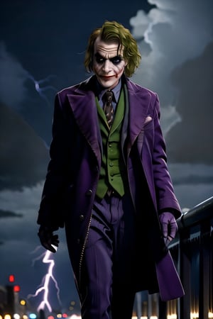 Joker, facial portrait, sexy stare, smirked, walking through the streets, gotham city, crowds, cars, cloudy sky, lightning, bats, 