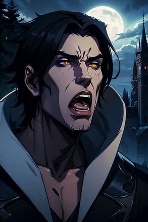 castlevania style, werewolf, facial portrait, sexy stare, screaming, forest, cloudy sky, lightning, full moon, bats flying, castle on the horizon, 