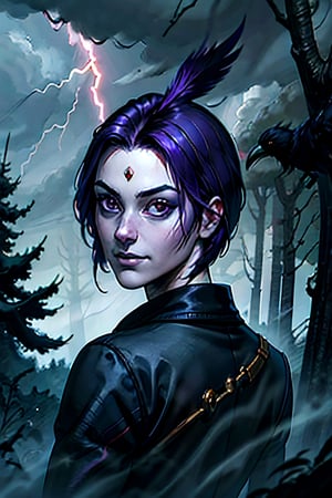 DC, Raven, facial portrait, sexy stare, smirked, dark forest, cloudy sky, lightning, fog, ravens flying, from behind 