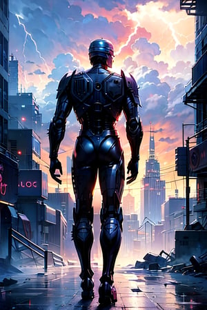 Robocop, facial portrait, smirked, walking through the futuristic city,  cloudy sky, lightning, from behind 