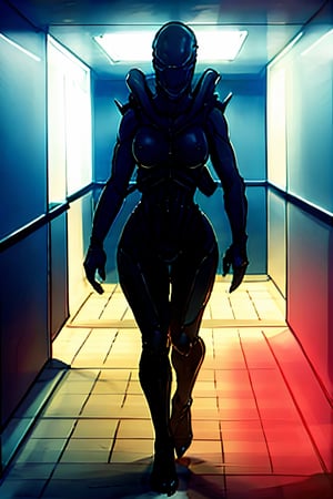 Xenomorph, facial portrait, menacing look, walking through the hallway of spaceship 