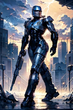Robocop, facial portrait, smirked, walking through the futuristic city,  cloudy sky, lightning, fighting ed-209, 