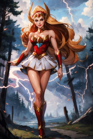 She-ra, facial portrait, sexy stare, smirked, full body, sexy pose, forest behind, cloudy sky, lightning, 