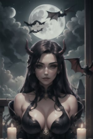 Lady_Demon, facial portrait, sexy stare, smirked, inside castle, candlelights, cloudy sky, moon, bats, 