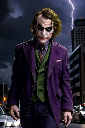 Joker, facial portrait, sexy stare, smirked, walking through the streets, gotham city, crowds, cars, cloudy sky, lightning, bats, 