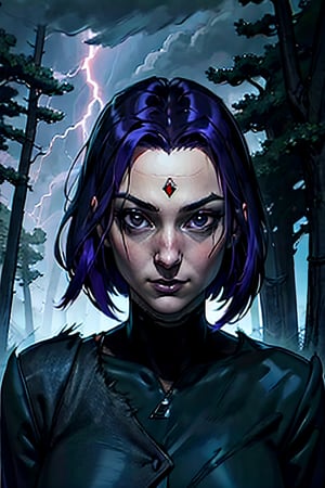 DC, Raven, facial portrait, sexy stare, smirked, dark forest, cloudy sky, lightning, fog, bats, 