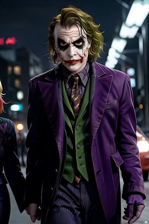 Joker and Harley Quinn, facial portrait, sexy stare, smirked, walking through the streets, gotham city, crowds, cars, cloudy sky, lightning, bats, ,CARTOON_harley_quinn_rebirth_ownwaifu