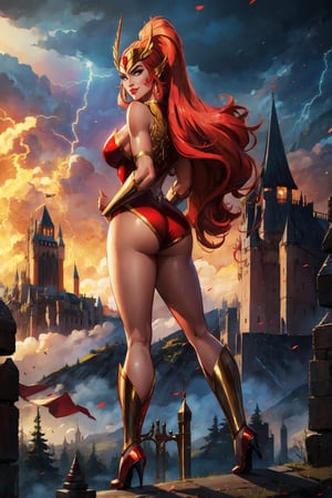 She-ra, facial portrait, sexy stare, smirked, full body, sexy pose, forest behind, cloudy sky, lightning, from behind, medieval castle on top of hill on the distance, 