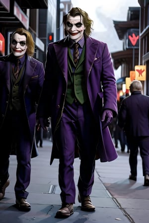 Joker and Harley Quinn, full body portrait, sexy stare, smirked, walking through the streets, gotham city, crowds, cars, cloudy sky, lightning, bats, ,CARTOON_harley_quinn_rebirth_ownwaifu, smiling 