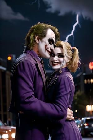 Joker and Harley Quinn, face portrait, sexy stare, hugging each other, the streets, gotham city, crowds, cars, cloudy sky, lightning, bats, ,CARTOON_harley_quinn_rebirth_ownwaifu, smiling 