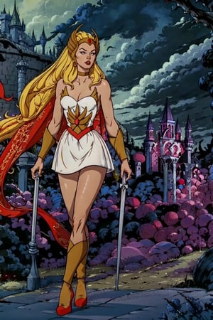 She-ra, facial portrait, sexy stare, smirked, full body, sexy pose, forest behind, cloudy sky, lightning, medieval castle on top of hill on the distance, 