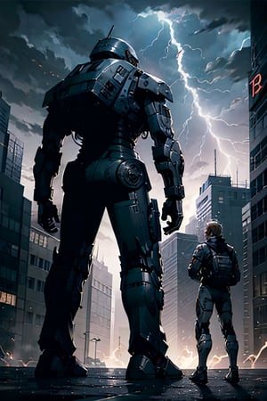 Ed-209, Standing menacing,  futuristic city, cloudy sky, lightning, crowds, cars, from behind 