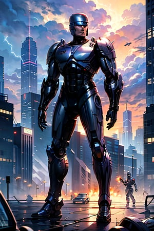 Robocop and Terminator, next to each other, Standing menacing, futuristic city, cloudy sky, lightning, crowds, cars 