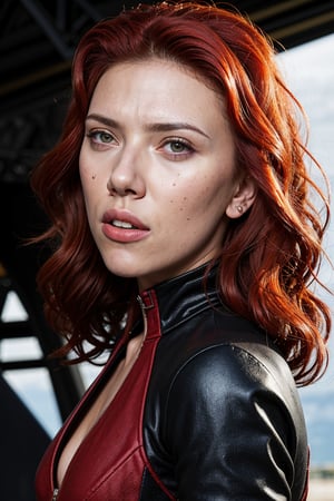 Photorealistic, Scarlett johansson, red hair, black widow suit, facial portrait, sexy stare, smirked, full body, sexy  pose, inside hangar, guns on both hands, big planes, from behind 