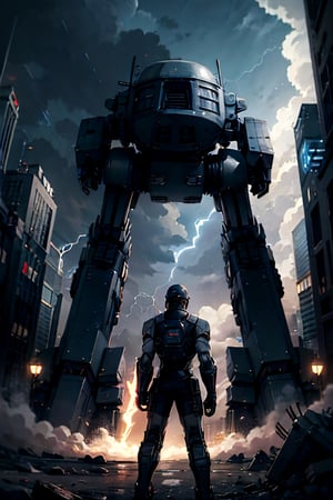 Ed-209, Standing menacing,  futuristic city, cloudy sky, lightning, crowds, cars, from behind 