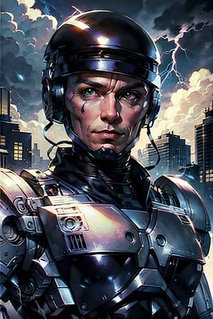 Robocop, facial portrait, smirked, futuristic city, cloudy sky, lightning, 