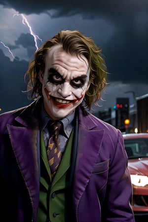 Joker and Harley Quinn, facial portrait, sexy stare, smirked, walking through the streets, gotham city, crowds, cars, cloudy sky, lightning, bats, ,CARTOON_harley_quinn_rebirth_ownwaifu, smiling 