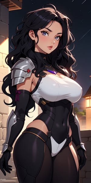 1girl, Long Hair, Midnight Black Hair, Wavy Hair, Curvy, Large Eyes, Dark Violet Eyes, Tanned, Silver Crown, Black Armor
