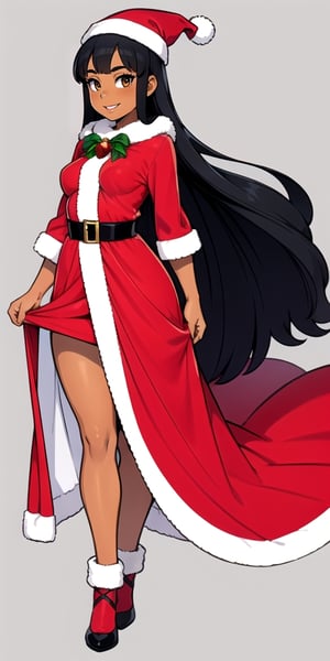 1girl, queen, dark_skinned_female, smiling, icey_palace, young, no_breasts, queen, crown, long_hair, black hair, regal, full_body, blizard, long_dress, santa_dress, kid, small_hips, not_curvy,  red santa dress, fur, 